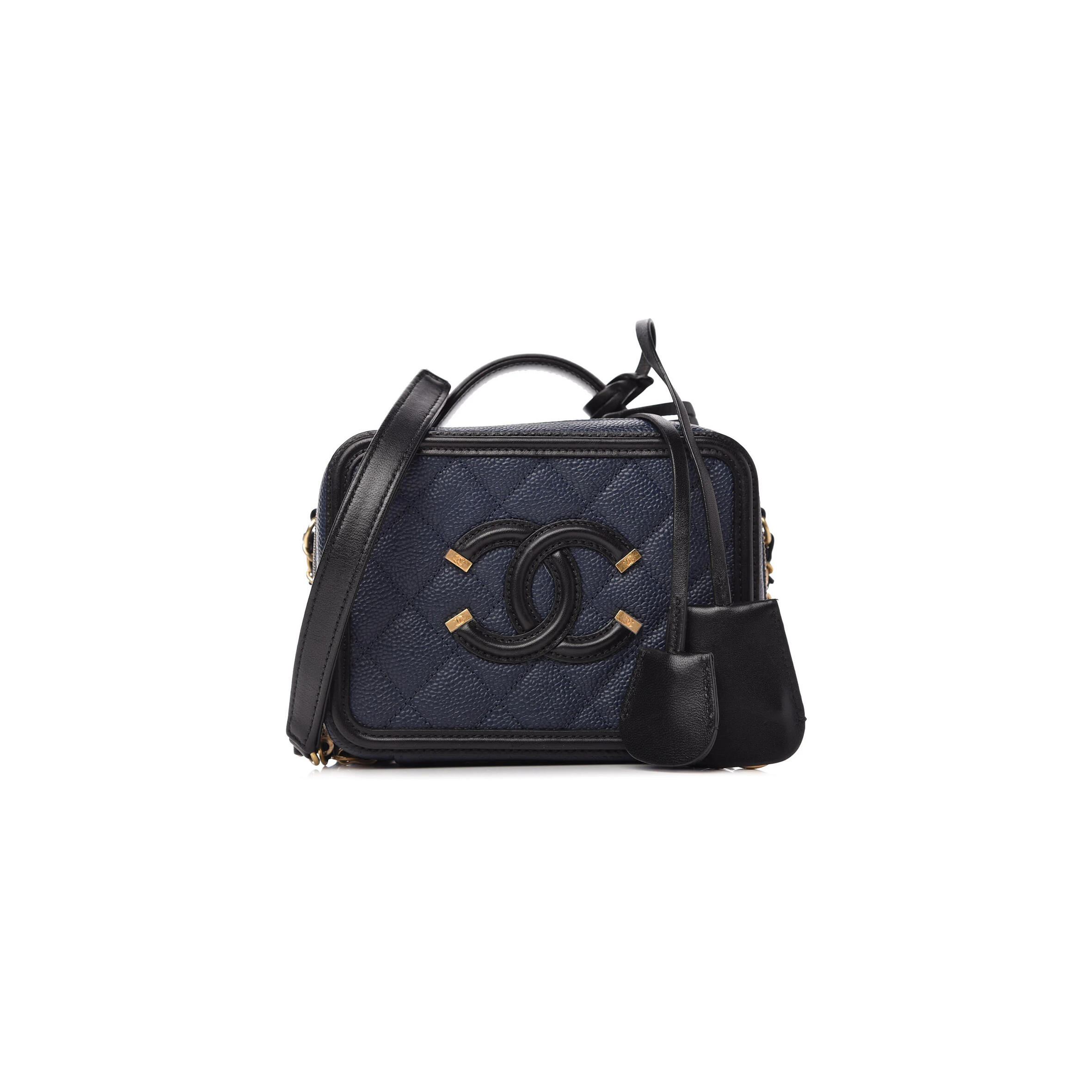 CHANEL CAVIAR QUILTED SMALL CC FILIGREE VANITY CASE NAVY BLACK (16*12*7cm) 